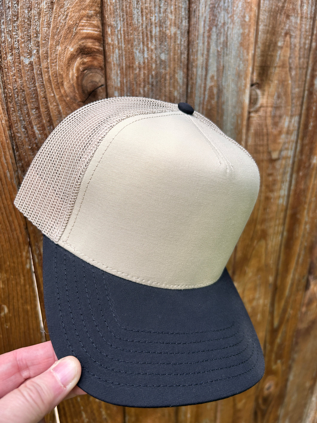 5 Panel Tan with Black Brim Meshback Trucker