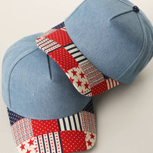 Load image into Gallery viewer, Denim Crown Patchwork USA Flag Print Brim Trucker Hat: DENIM
